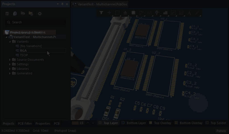 In the animation, the BGA variant has two SRAM fitted, while the TSOP variant has four SRAM fitted. This is achieved by not fitting one of the two memory channels in the BGA variant.